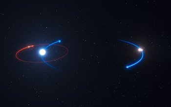 Illustration of the orbit of the planet the Arizona-led team discovered (red) and its stars (blue).